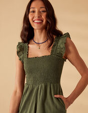 Shirred Frill Shoulder Jumpsuit, Green (KHAKI), large