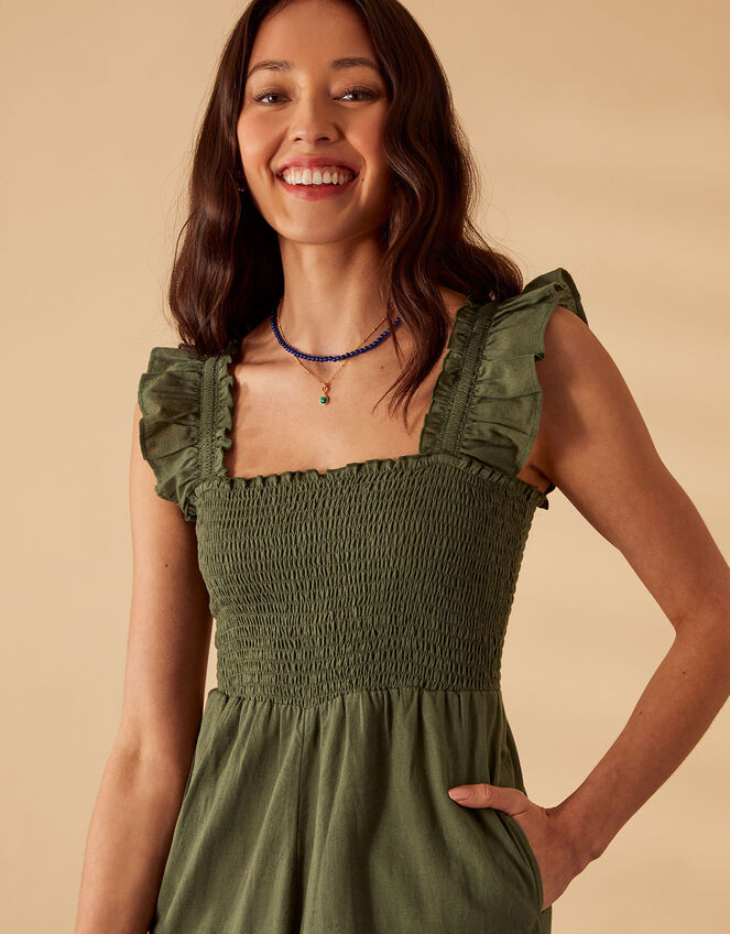 Shirred Frill Shoulder Jumpsuit, Green (KHAKI), large