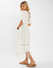 Palm Embroidered Fringe Kaftan Dress, Ivory (IVORY), large