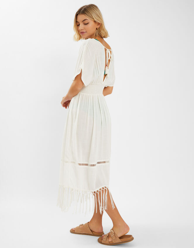 Palm Embroidered Fringe Kaftan Dress, Ivory (IVORY), large