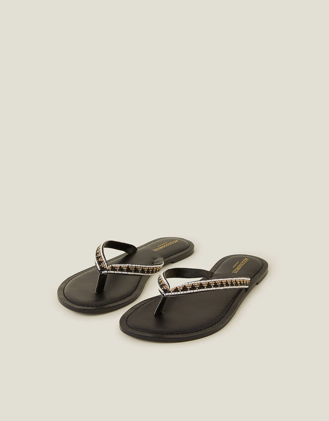 Beaded Faux Leather Flip Flops, Black (BLACK WHITE), large