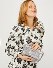 Sequin Floral Clutch Bag, Silver (SILVER), large