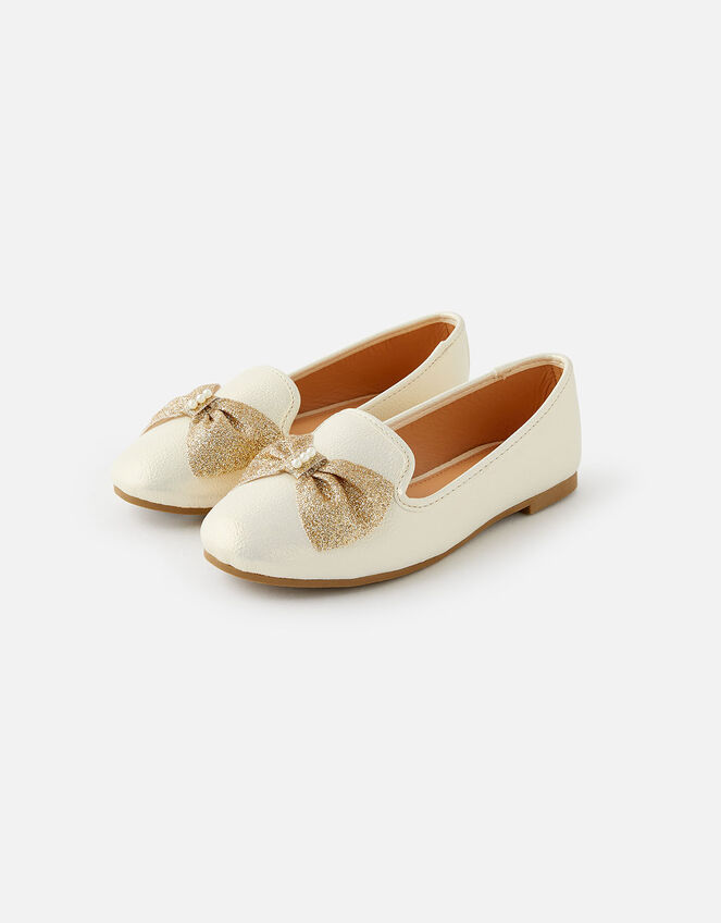 Pearly Glitter Bow Shoes, Natural (IVORY), large