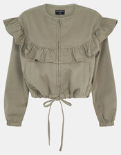 Ruffle Denim Jacket, Green (KHAKI), large