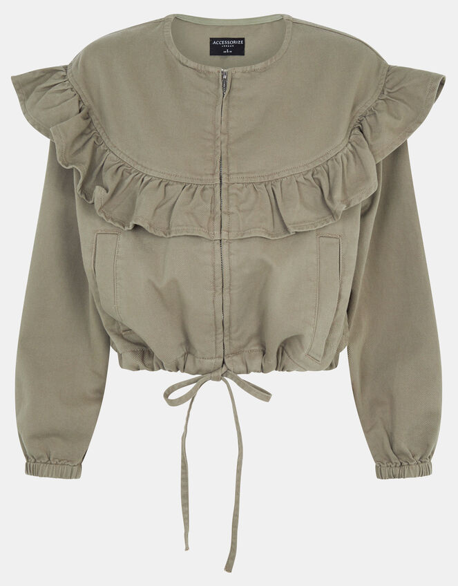 Ruffle Denim Jacket, Green (KHAKI), large