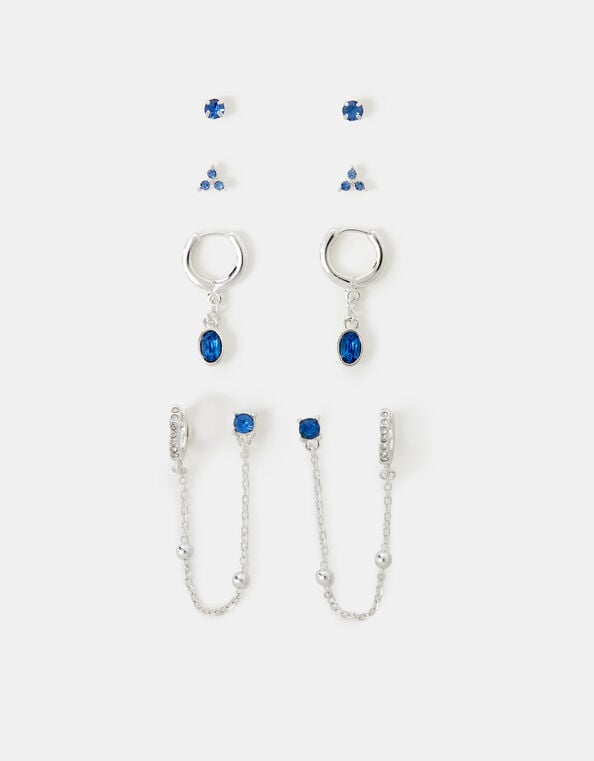4-Pack Stone Stud & Chain Hoop Earrings, Blue (BLUE), large