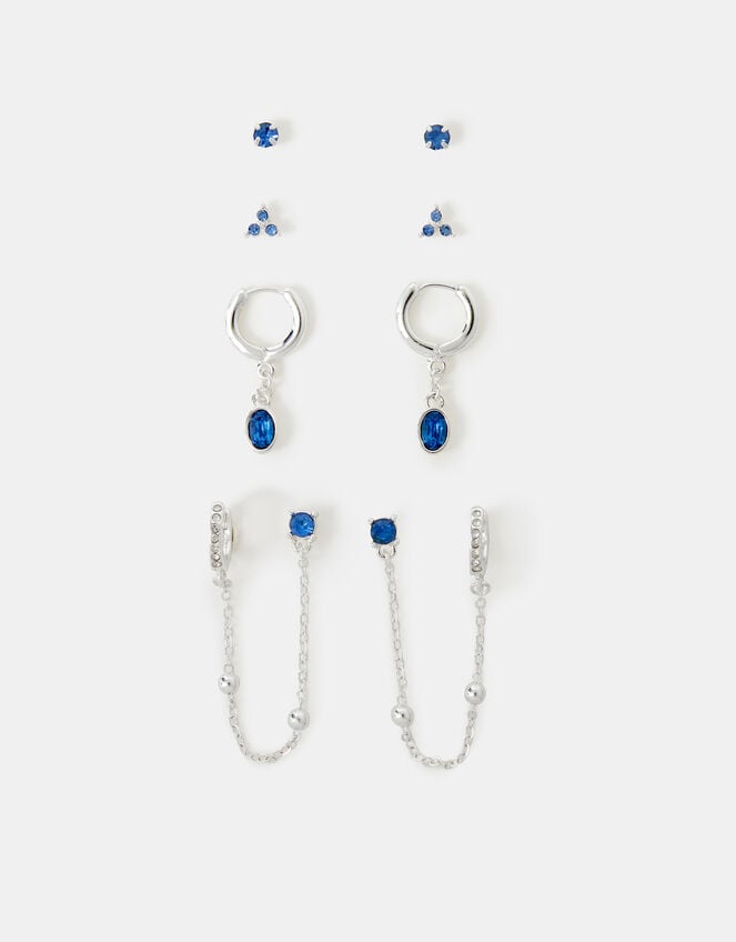 4-Pack Stone Stud & Chain Hoop Earrings, Blue (BLUE), large