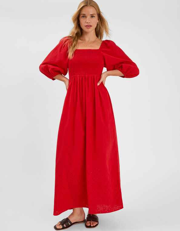 Puff Sleeve Smocked Maxi Dress, Red (RED), large