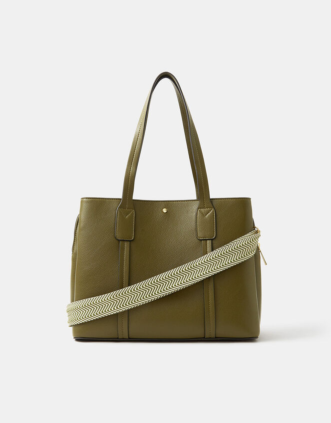 Webbing Strap Faux Leather Shoulder Bag, Green (OLIVE), large