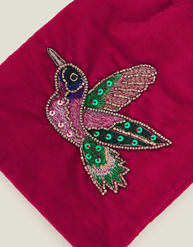 Embroidered Hummingbird Velvet Drawstring Bag, , large