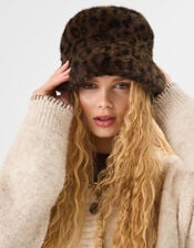 Fluffy Leopard Print Bucket Hat, , large