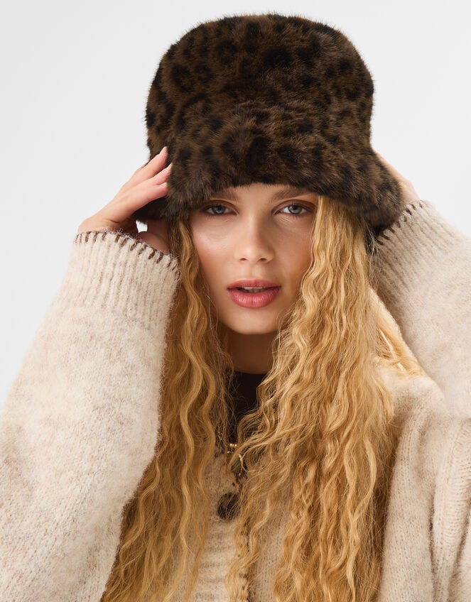 Fluffy Leopard Print Bucket Hat, , large