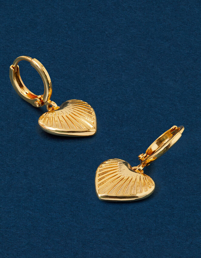 14ct Gold-Plated Ridge Heart Drop Hoop Earrings, , large
