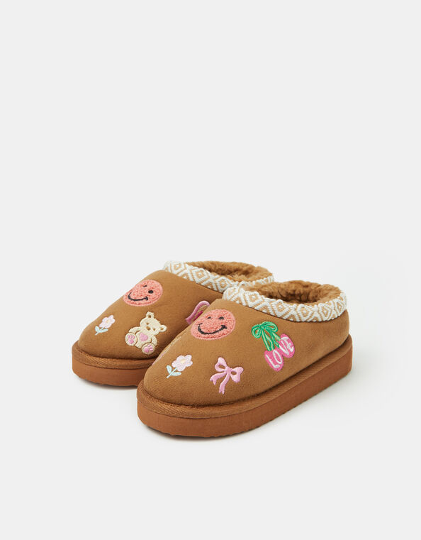 Girls Embroidered Mule Slippers, Tan (TAN), large