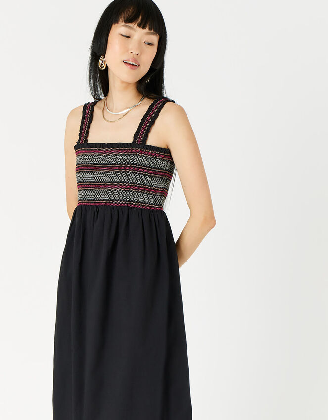 Smocked Midi Dress, Black (BLACK), large