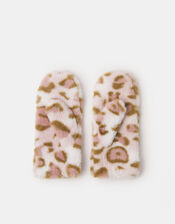 Girls Fluffy Leopard Print Mittens, Leopard (LEOPARD), large