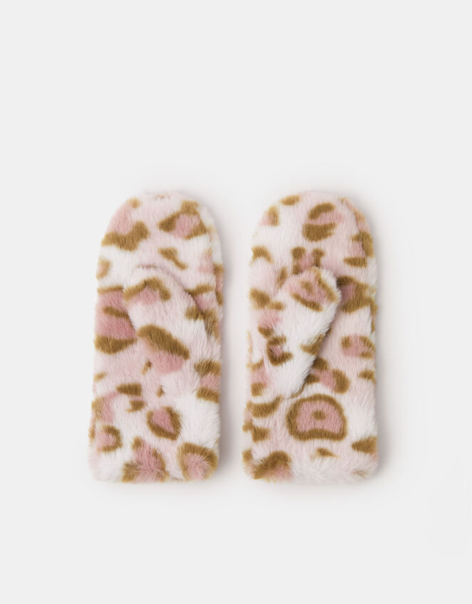 Girls Fluffy Leopard Print Mittens, Leopard (LEOPARD), large