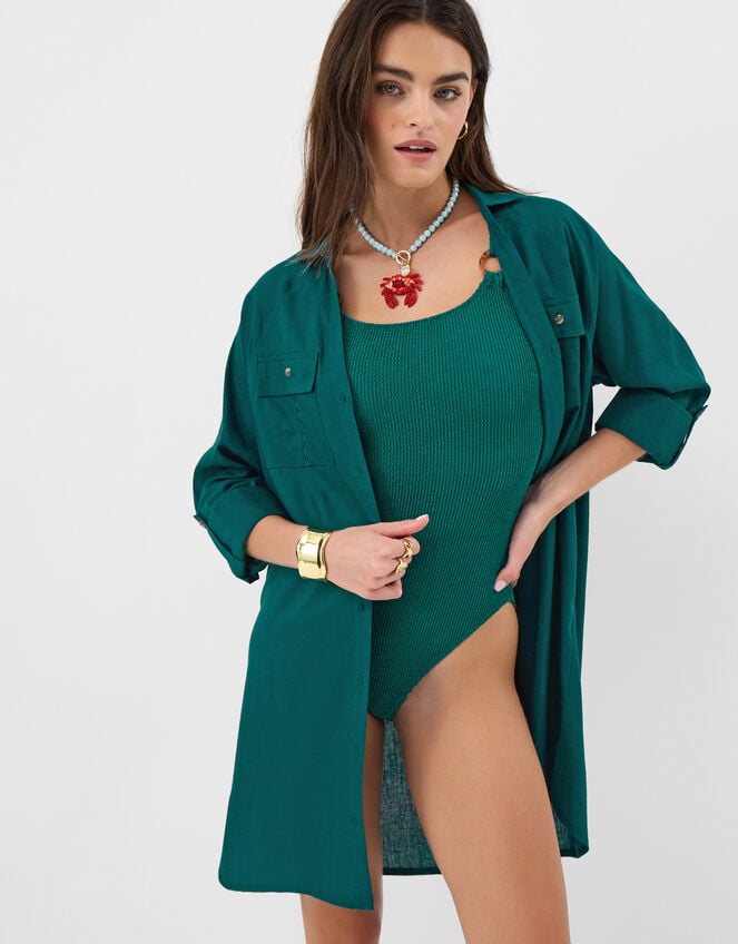 Lace Trim Beach Cover Up Shirt, Teal (TEAL), large