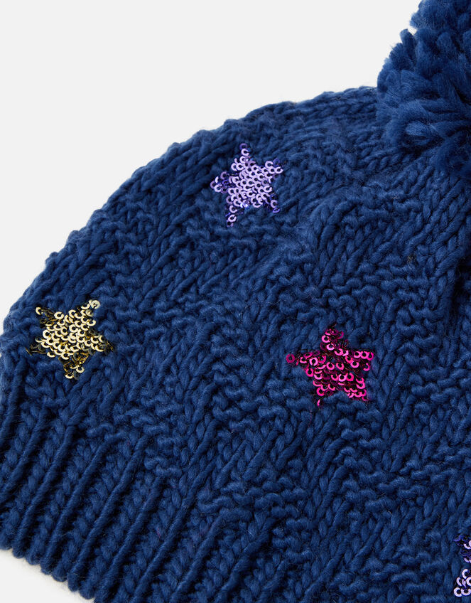 Girls Star Sequin Beanie, Blue (NAVY), large