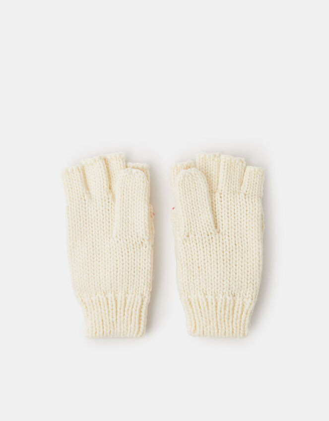 Girls Speckled Fingerless Gloves with Mittens, Ivory (IVORY), large