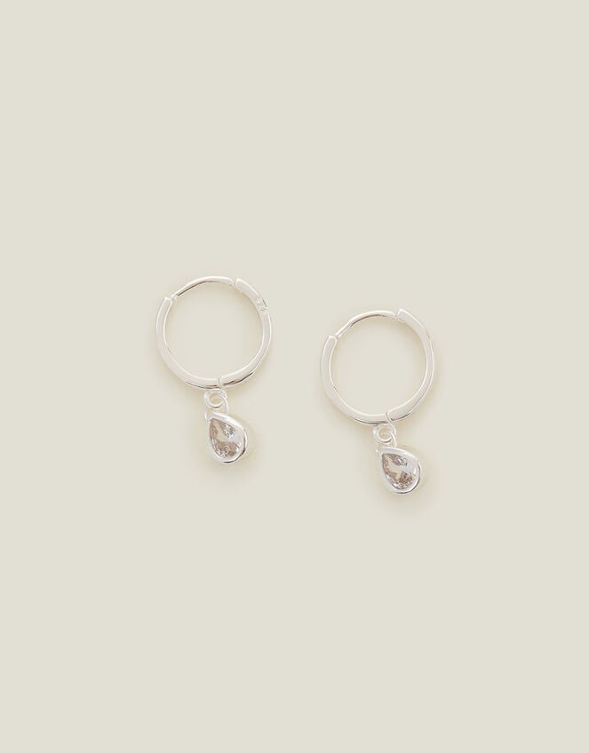 Sterling Silver-Plated Sparkle Pear Drop Hoops, , large