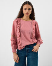Floral Embroidered Ruffle Blouse, Pink (PINK), large
