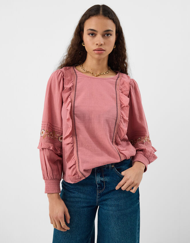 Floral Embroidered Ruffle Blouse, Pink (PINK), large