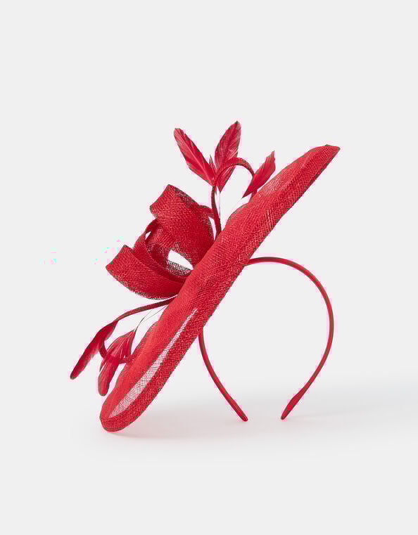 Woven Bow Feather Disc Fascinator, Red (RED), large