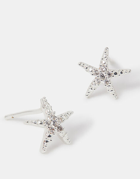 Sterling Silver-Plated Sparkle Starfish Stud Earrings, , large