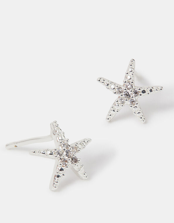 Sterling Silver-Plated Sparkle Starfish Stud Earrings, , large
