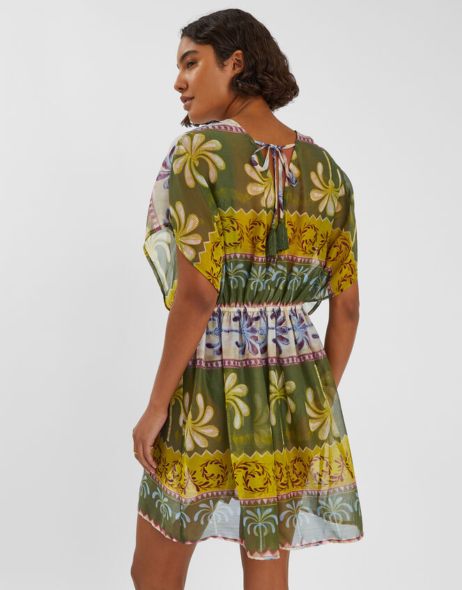Palm Print Mini Kaftan Dress, Green (KHAKI), large