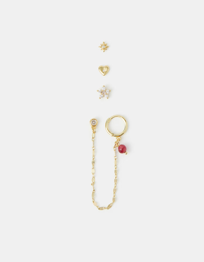 5-Pack 14ct Gold-Plated Carnelian Stud & Chain Hoop Earrings, , large