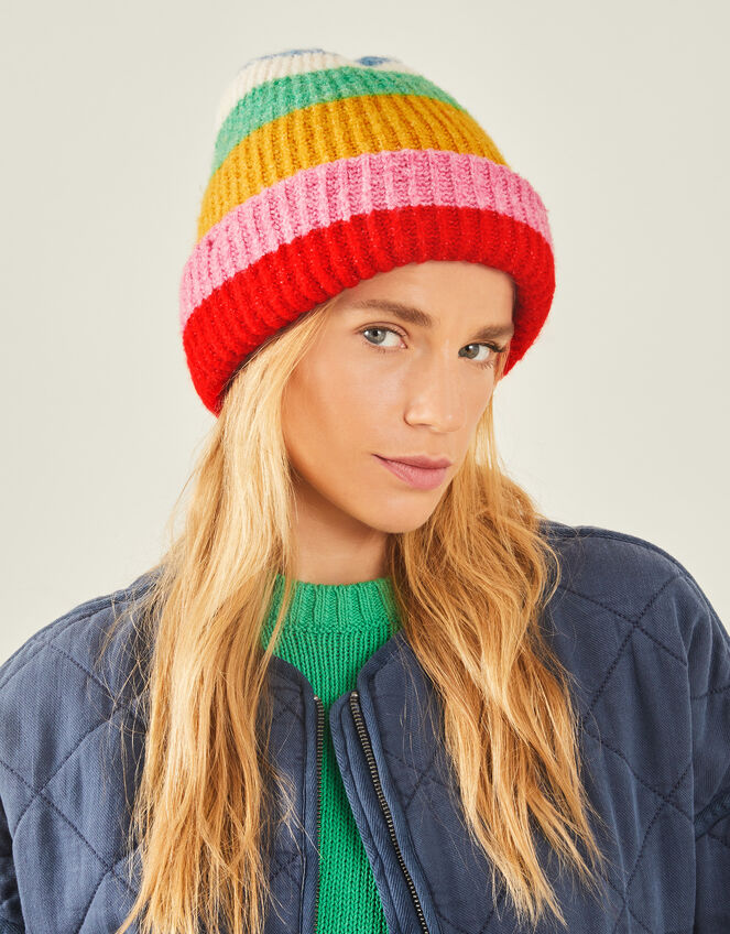 Stripe Knit Beanie Hat, , large