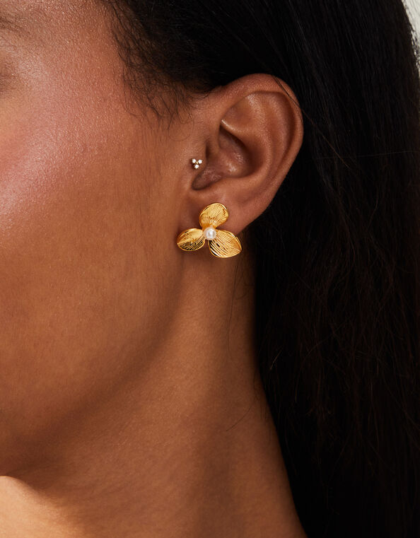 14ct Gold-Plated Pearl Flower Stud Earrings, , large