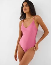 Bead Detail V-Neck Swimsuit, Pink (DARK PINK), large