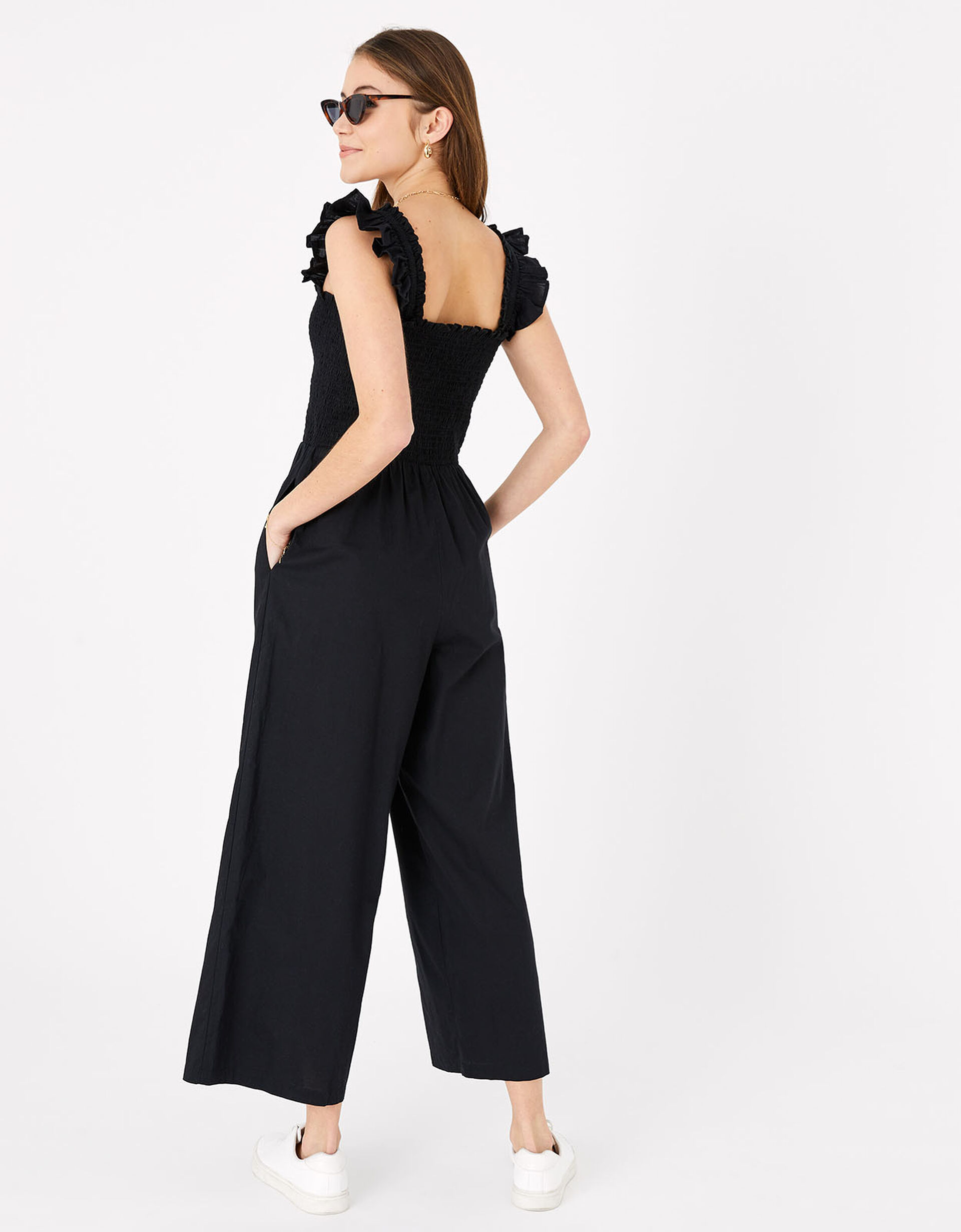 Pre-Order Black Front Knot Smocked Back Spaghetti Straps Jumpsuit