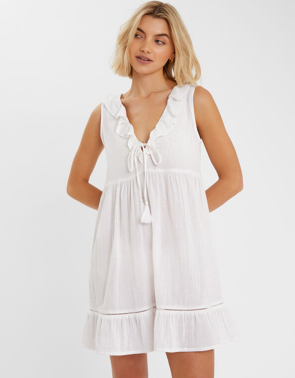 Sleeveless Ruffle Mini Dress, White (WHITE), large