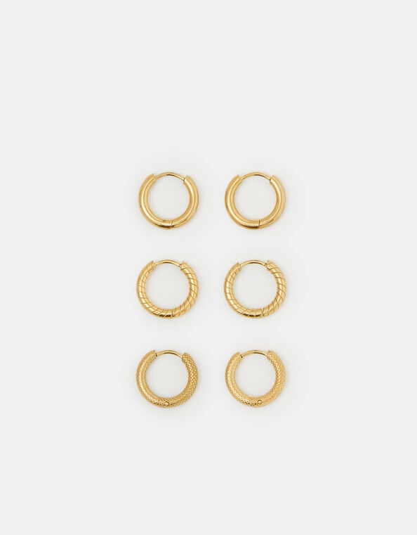 3-Pack Stainless Steel Textured Hoop Earrings, , large