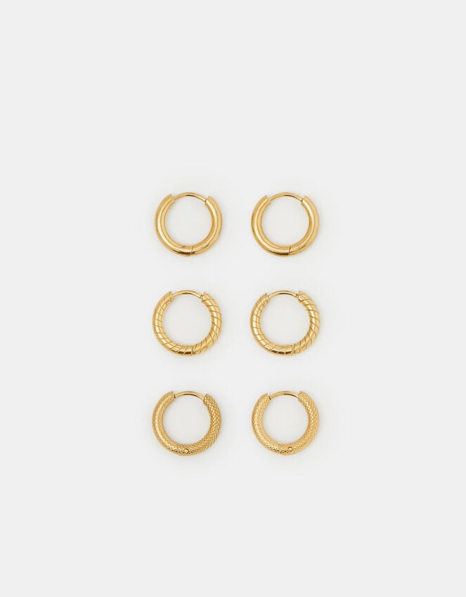 3-Pack Stainless Steel Textured Hoop Earrings, , large