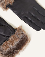 Faux Fur Trim Leather Gloves, Black (BLACK), large