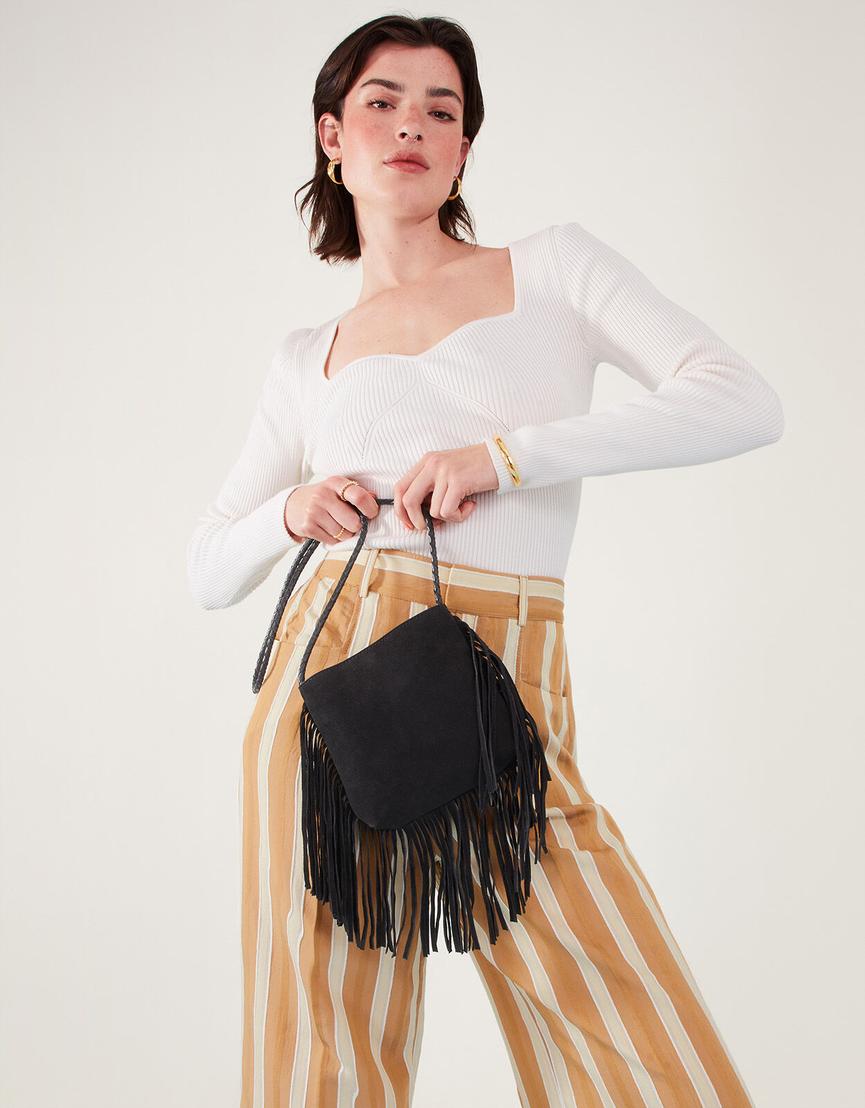 Leather Fringe Cross Body Bag Black