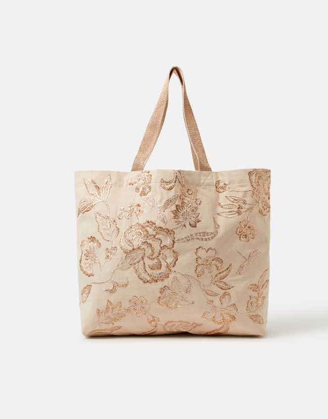 Embroidered Metallic Shopper Bag, , large