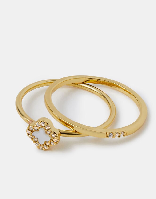 2-Pack 14ct Gold-Plated Mother of Pearl Clover Rings, Gold (GOLD), large