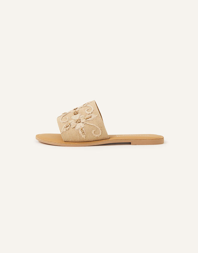 Tonal Flower Detail Leather Sliders, Natural (NATURAL), large