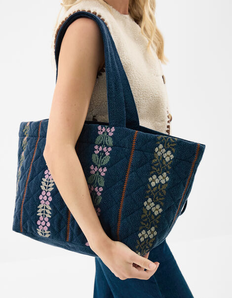 Tapestry Quilted Denim Shopper Bag, , large