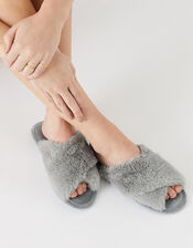 Fluffy Peep-Toe Slipper Sliders, Grey (GREY), large