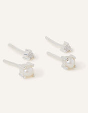 Sterling Silver-Plated Sparkle Earrings Set of Two, , large