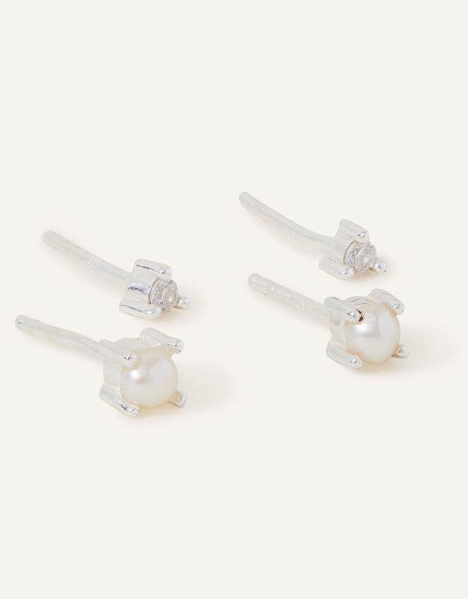 Sterling Silver-Plated Sparkle Earrings Set of Two, , large