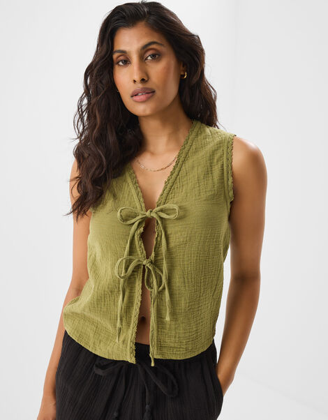 Tie-Front Crinkle Waistcoat, Green (KHAKI), large