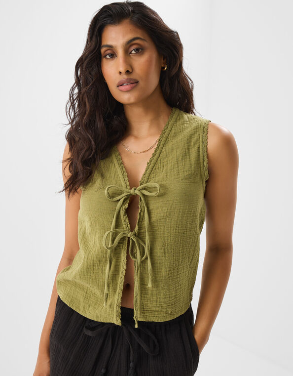 Tie-Front Crinkle Waistcoat, Green (KHAKI), large